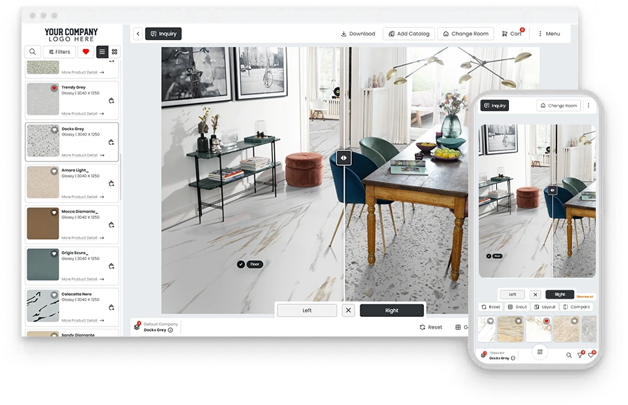 Tilesview Visualizer näyttää huoneen ennen ja jälkeen pöytäkoneella ja mobiililaitteella
